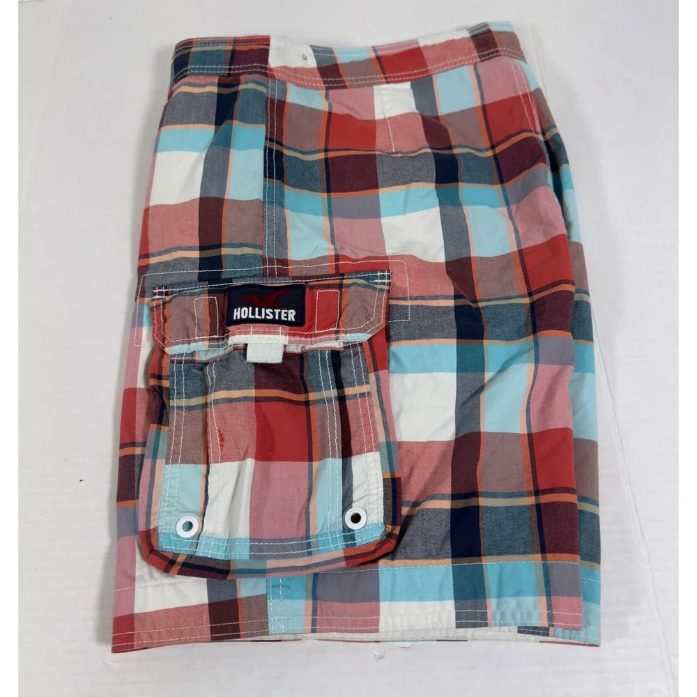 Hollister Board Shorts Mens M‎ Plaid Red Blue Cargo Swim Trunks Surf Skate Y2K